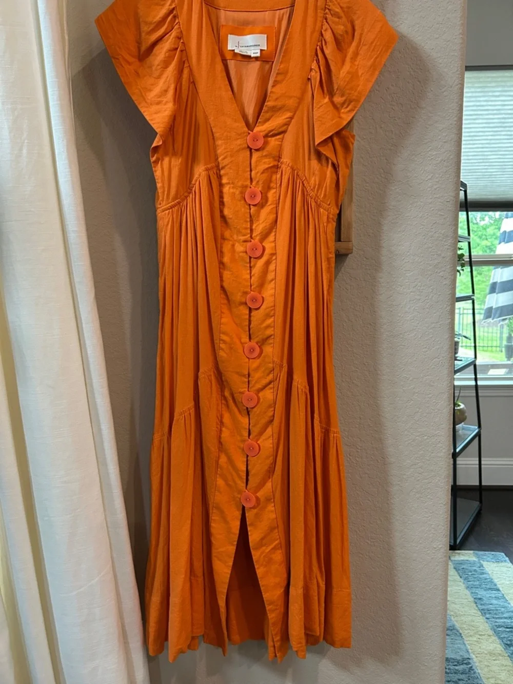 Anthropologie Vibrant Orange Button-petite midi Dress - Picture 2 of 6